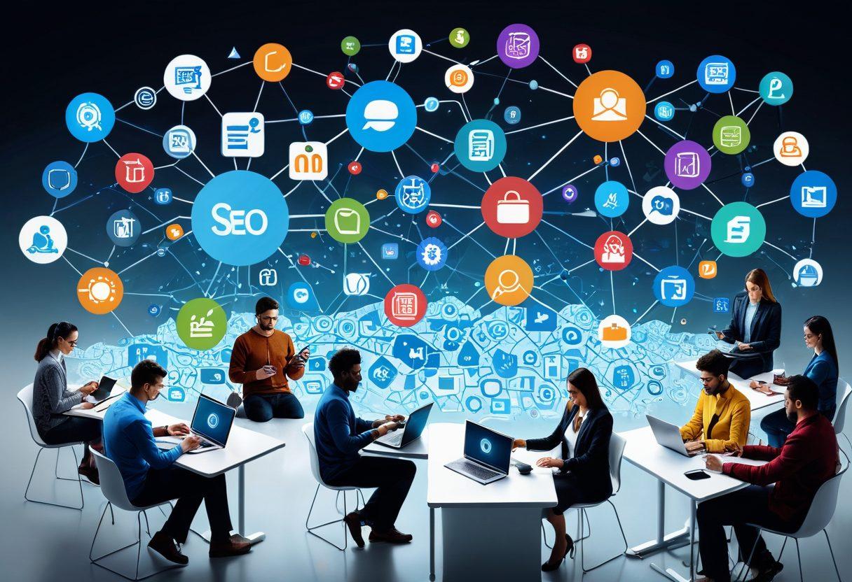A dynamic digital landscape showcasing a diverse group of people using devices, surrounded by floating SEO and marketing icons like magnifying glasses, charts, and social media symbols. The scene should evoke a sense of energy and interconnectedness, with vibrant colors to emphasize growth and engagement. Super-realistic. Vibrant colors. 3D.