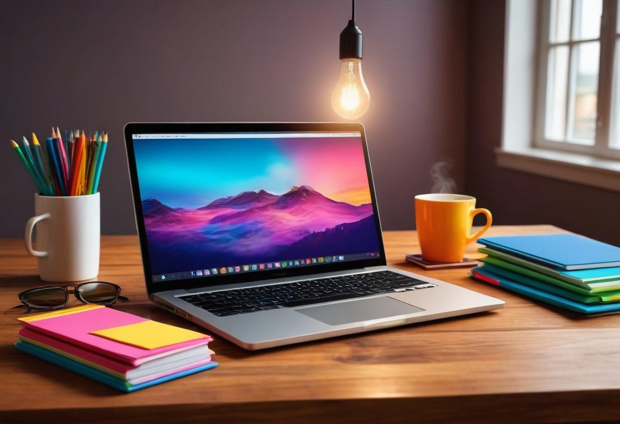 An open laptop on a vibrant wooden desk, surrounded by colorful stationery and coffee, highlighting the process of blogging. In the background, a glowing lightbulb symbolizing ideas and creativity, and an upward graph indicating growth. Elements of social media icons floating, representing online presence and engagement. Bright and inviting color palette. super-realistic. vibrant colors. 3D.