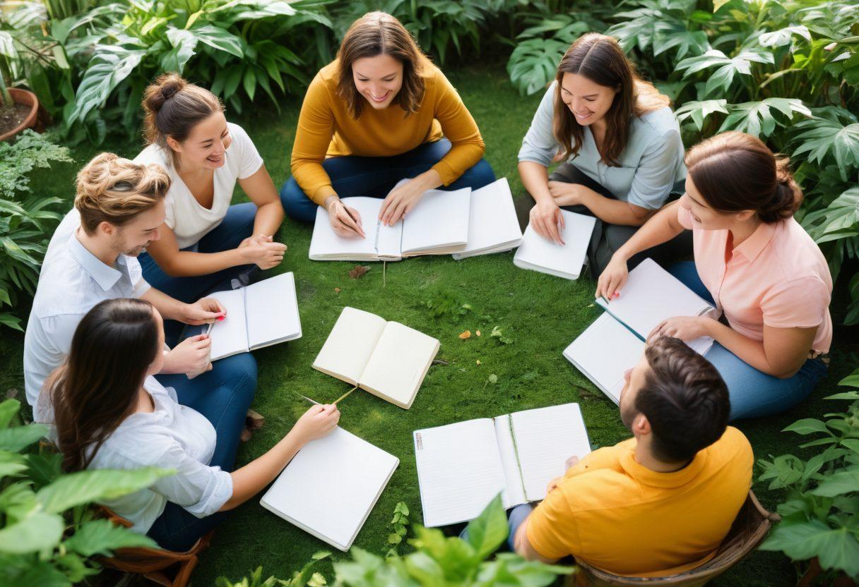 A diverse group of individuals sharing their personal stories in a vibrant circle, showcasing authentic expressions and connectivity. Lush greenery in the background symbolizes growth. Include elements like notebooks and plants to depict the journey of personal branding. Warm, inviting colors enhance the theme of engagement. super-realistic. vibrant colors. natural setting.